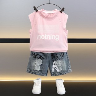 儿童帅气时髦潮砍袖 2024新款 男童无袖 短裤 小男孩背心套装 夏装 夏季