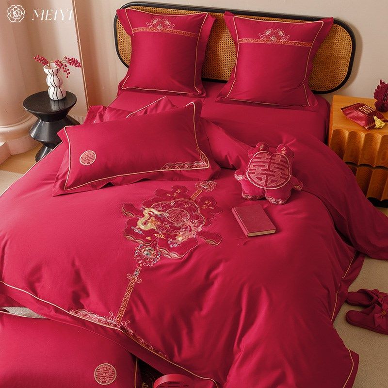 新中式结婚四件套100长绒棉全棉大红色喜庆婚房被套床上用品,床上用品,婚庆床品套件,淘宝优惠券,粉丝福利购,淘宝优惠卷