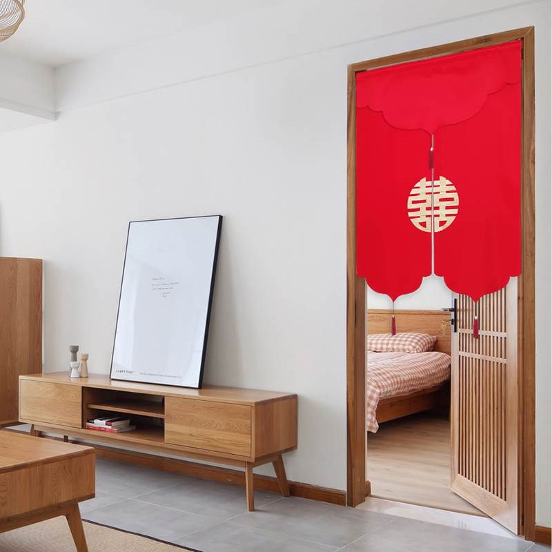 喜嫁新中式门帘陕西结婚婚房卧室挂红帘红色喜庆免打孔布艺隔断帘