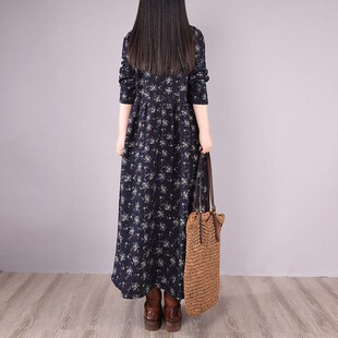 加绒加厚复古民族风碎花长裙宽松加绒加厚长袍子棉麻长袖连衣裙