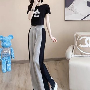 两件套小个 港风炸街休闲运动套装 女夏季 w洋气减龄短款 T恤阔T腿裤