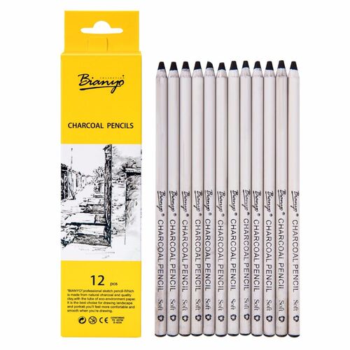 Bianyo Quality 12Pcs Soft Charcoal Pencil Set Wood Black Ar