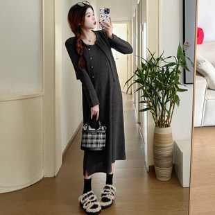 孕妇装春装长袖开衫+背心裙春季两件套连衣裙春秋裙子套装潮妈春