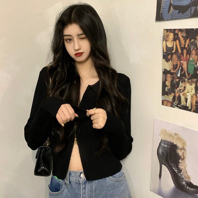 工厂销白色拉f链针织开衫外套女早秋季内搭短款黑色修身打底长袖