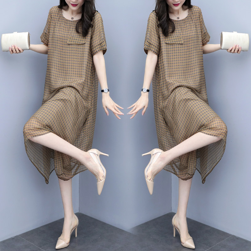 连衣裙女夏2021新款条纹印花宽松短袖中长裙大码雪纺A字心机裙子