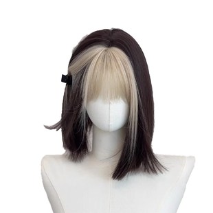 假发女白金齐刘海渐变黑挑染轻薄自然一刀切短直发全头套