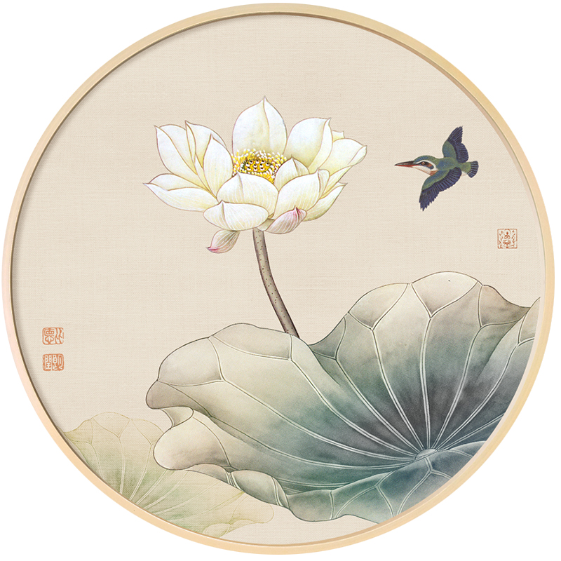 极速新中式荷花挂画圆形实木框玄关墙画茶室水墨禅意挂画书房装饰 家居饰品 现代装饰画 原图主图