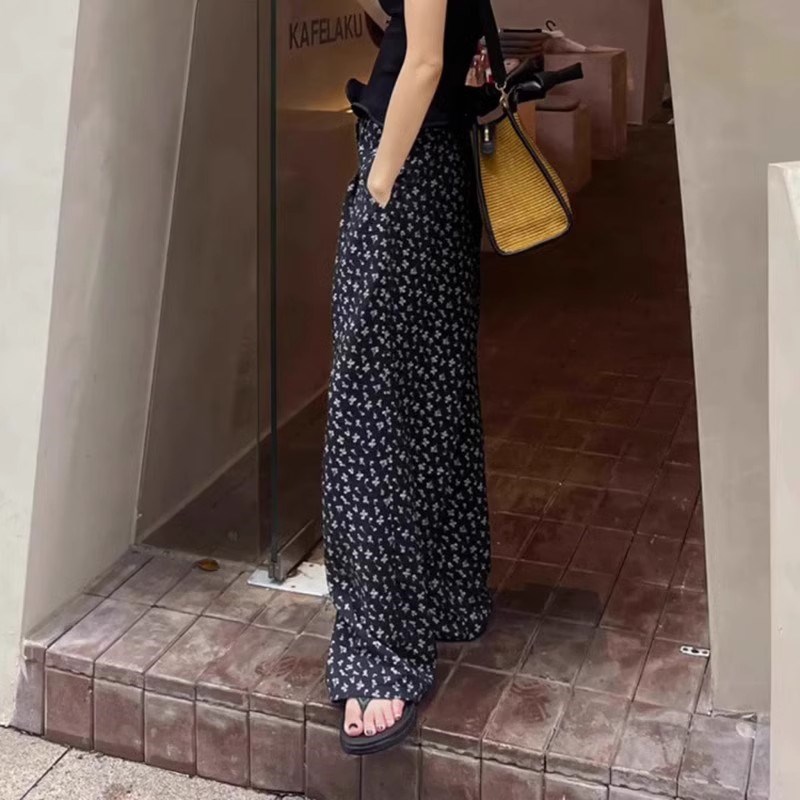 韩系慵懒风碎花薄款休闲裤女夏季高腰垂坠感宽松遮肉直筒阔腿裤子