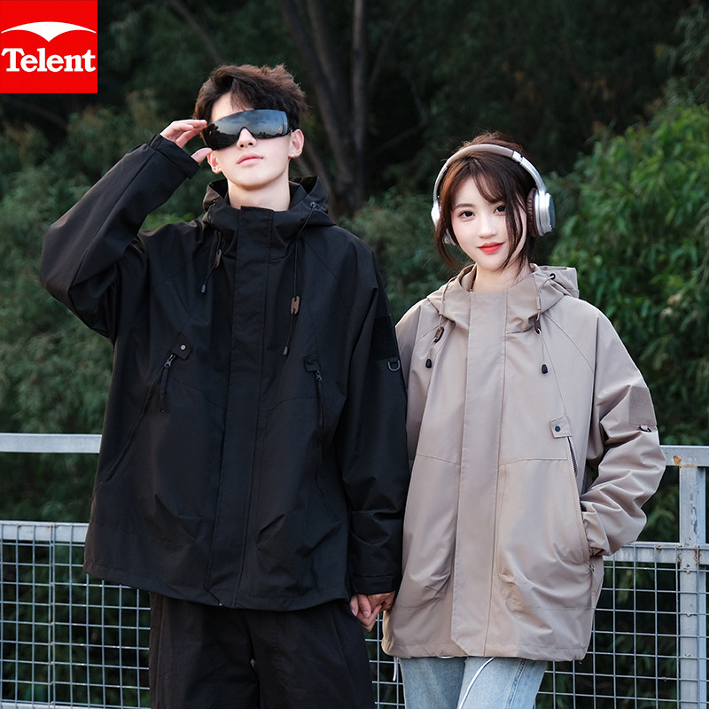 天伦天连帽大口袋冲锋衣外套男女秋季新款休闲潮流工装情侣夹克