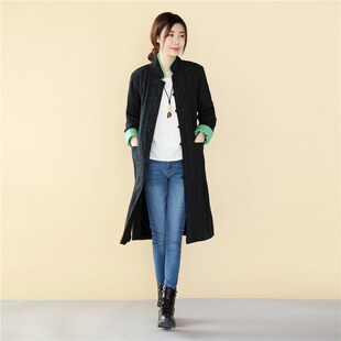 中国风秋冬装亚麻中长款风衣女 复古盘扣大码修身秋冬加薄绒外套