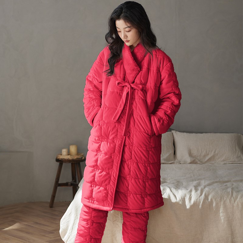 三层夹棉睡衣女款长袍冬季加厚加绒棉袄本命年红色冬天家居服套装