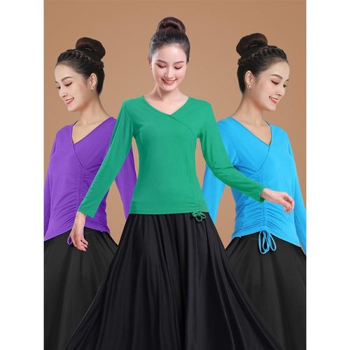 广场舞服装新款抽绳长袖上衣团体舞蹈表演练功服民族风跳舞衣服女