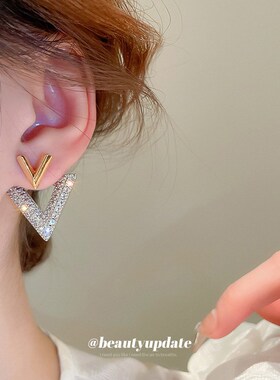 真金电镀银针inks风耳环法式满钻一款两戴设计耳钉甜美气质耳饰女