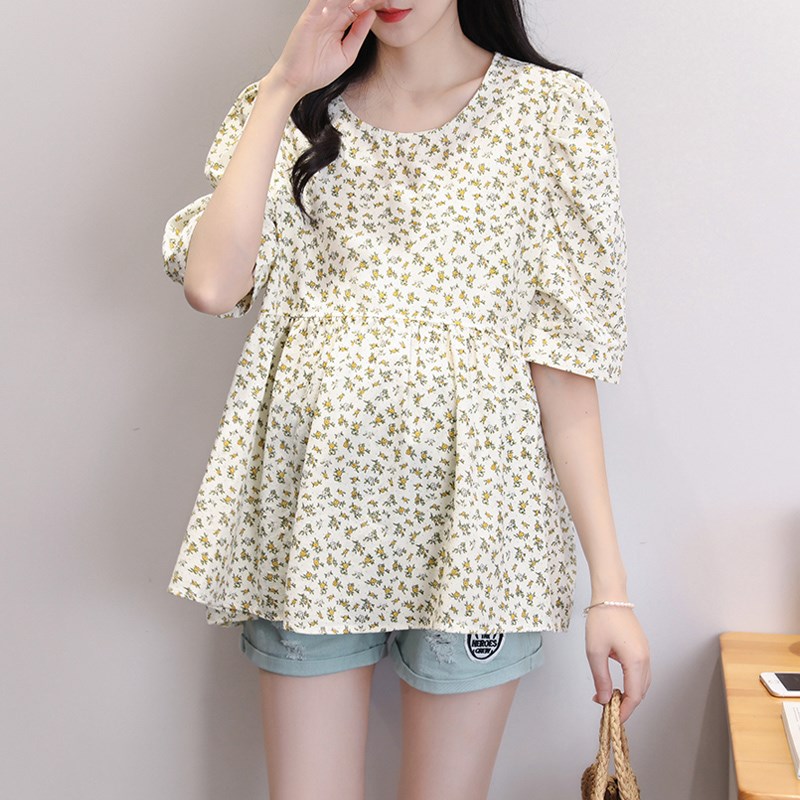 2024夏季圆领碎花孕妇T恤衫A版宽松大码上衣夏装薄款孕妇装打底衣