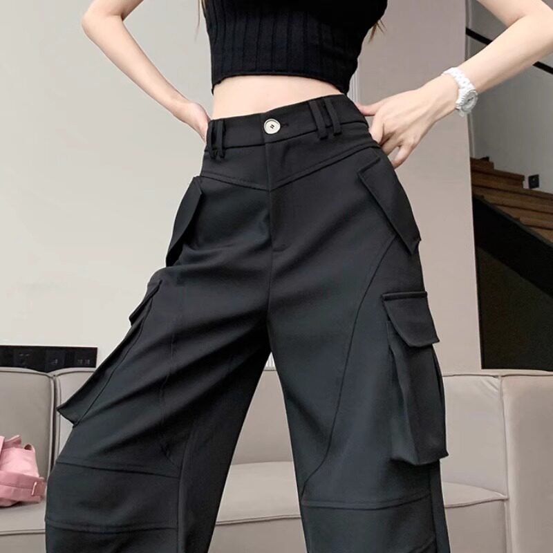 美式黑色工装裤女秋季2023新款设计感宽松直筒长裤高腰拖地阔腿裤