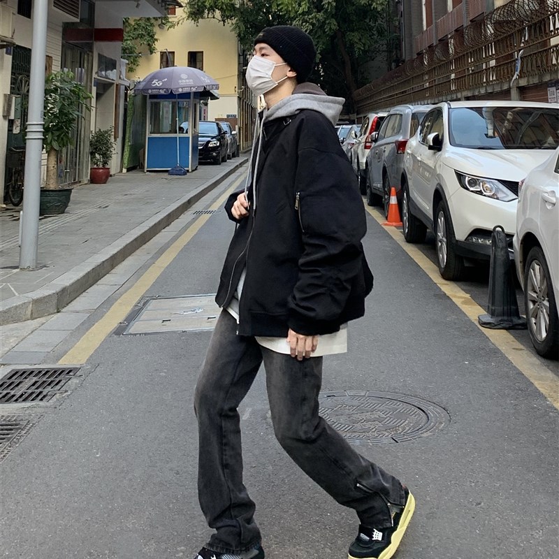 麻饭同学 美式休闲侧拉链水洗做旧黑色牛仔裤男女修身直筒长裤