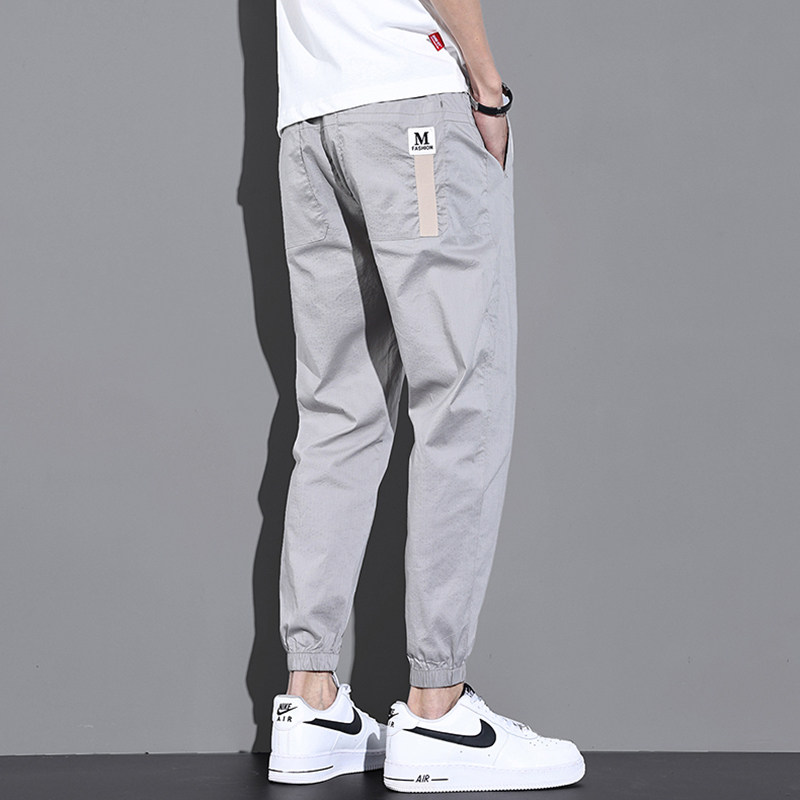 夏季男士冰丝长裤潮流韩版宽松修身束脚休闲薄款运动工装九分裤子