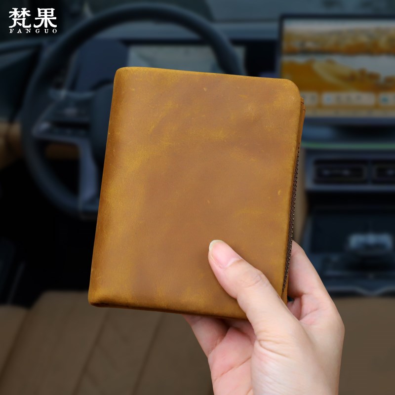 手工牛皮钱包男士竖款拉链钱夹头层疯马皮简约做旧复古多功能钱包