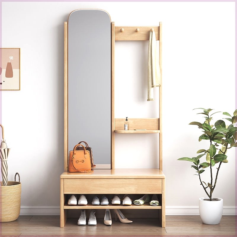 入门换鞋凳衣帽架卧室衣帽架轻奢挂衣架穿衣镜一体实木换鞋凳可坐