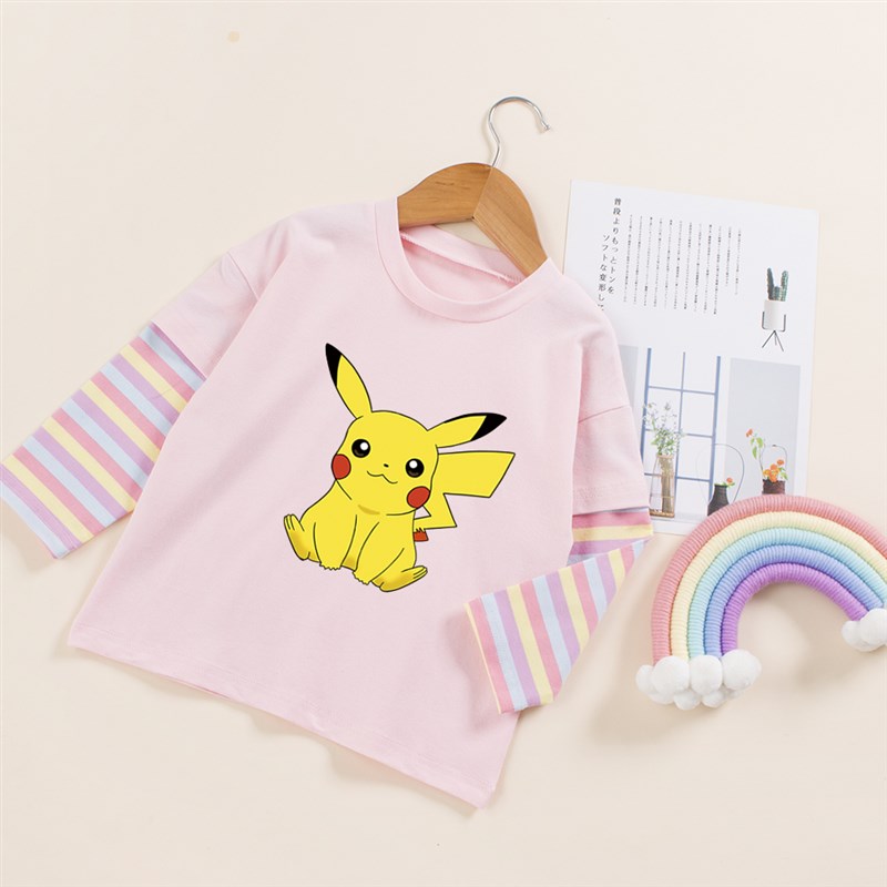 女童长袖T恤春秋季薄款女宝宝洋派假两件小童P秋装儿童比卡丘衣服