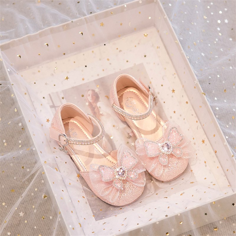 女童公主鞋20i23夏款新款儿童凉鞋水晶鞋包头女孩小皮鞋高跟鞋夏
