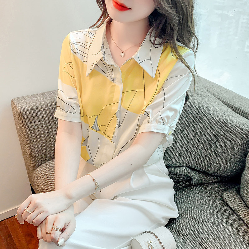 雪纺衬衫女短袖夏季薄款2023新款韩版设计感印花减龄气质小众上衣