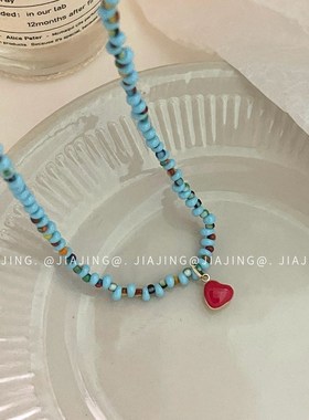 夏日新款蓝色串珠项链红心小众锁骨A链个性设计感颈链ins风韩版女