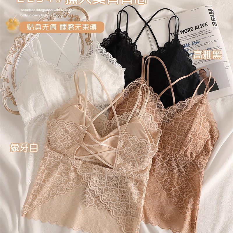 蕾丝美背吊带背心女内搭带胸垫裹胸内衣聚拢文胸一体红色抹胸外穿