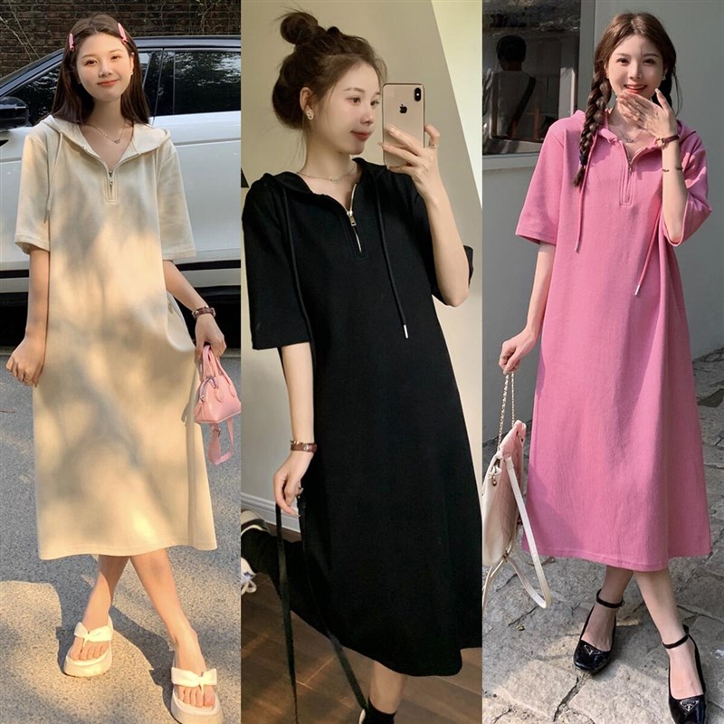 哺乳连衣裙夏季T恤裙子宽松拉链连帽中H长款大码卫衣裙气质哺乳衣