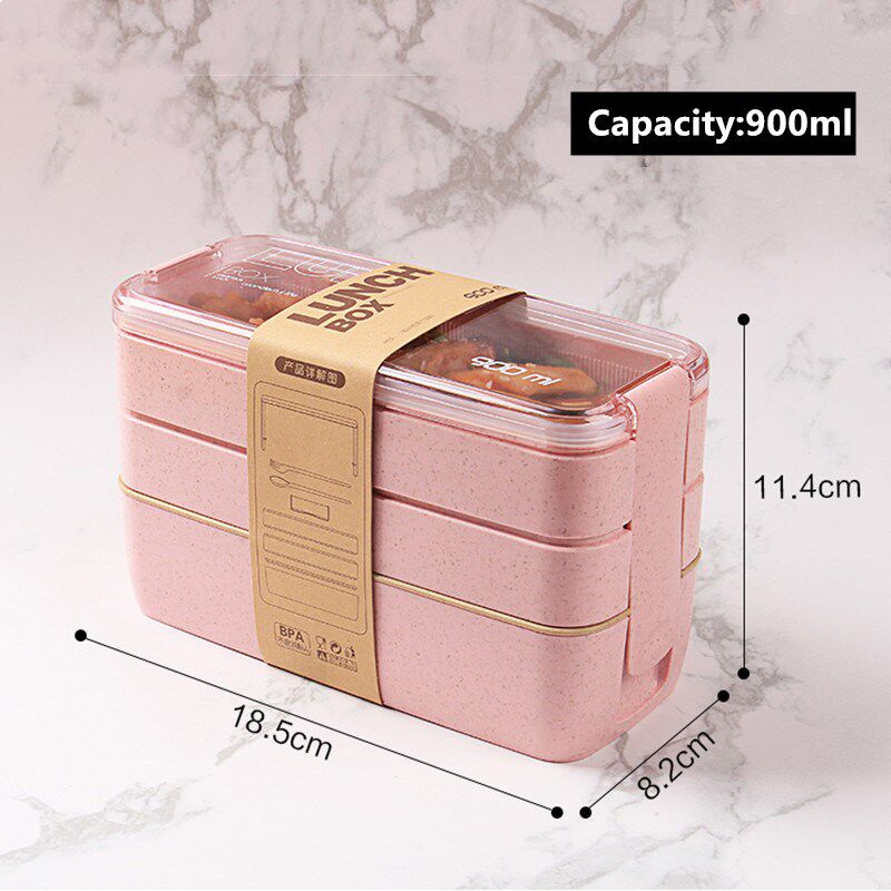 900ml Healthy Material Lunch Box 3 Layer Wheat Straw Bento B