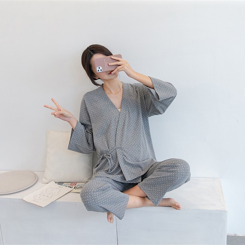 月子服春秋纯棉日系系绳孕妇睡衣怀孕期大码哺乳200斤产后家居服