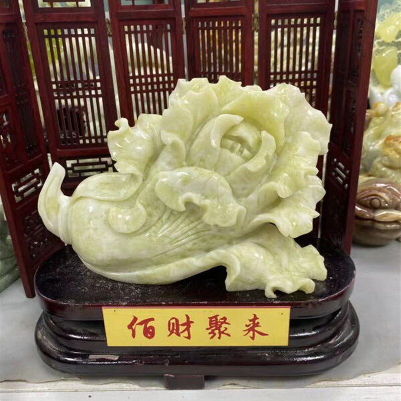 新品知茗天然玉石摆饰岫玉摆件岫岩玉玉石大白菜摆件百财聚来玉器