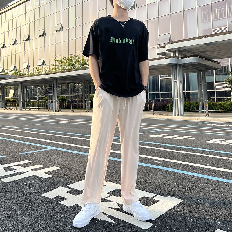 休闲裤男阔腿垂感长裤潮直筒高级感宽松夏季冰丝薄款白色显高裤子