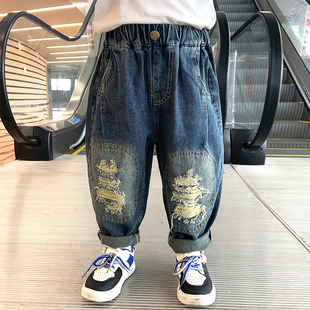 幼儿长裤 时髦洋派儿童老爹裤 子U宽松2023新 春秋装 男童破洞牛仔裤