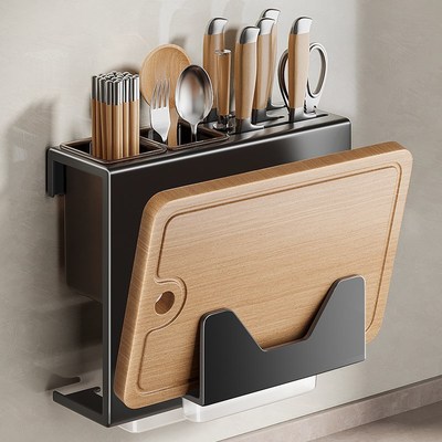 黑色厨房刀架置物架壁挂式多功能筷子笼菜板刀架一体上墙收纳架子