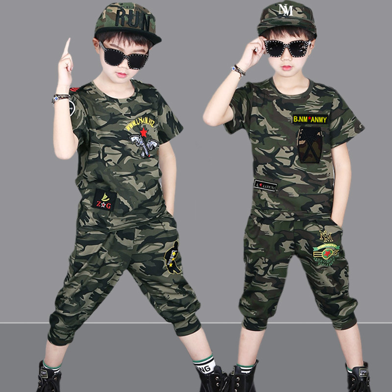 热销男童夏装2023新款5儿童迷彩服套装短袖t恤中大童警服特种兵军