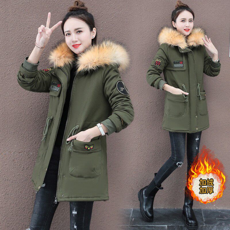 冬季迷彩加绒外套女土工装加厚中长款户外军绿棉服棉袄棉衣大衣潮