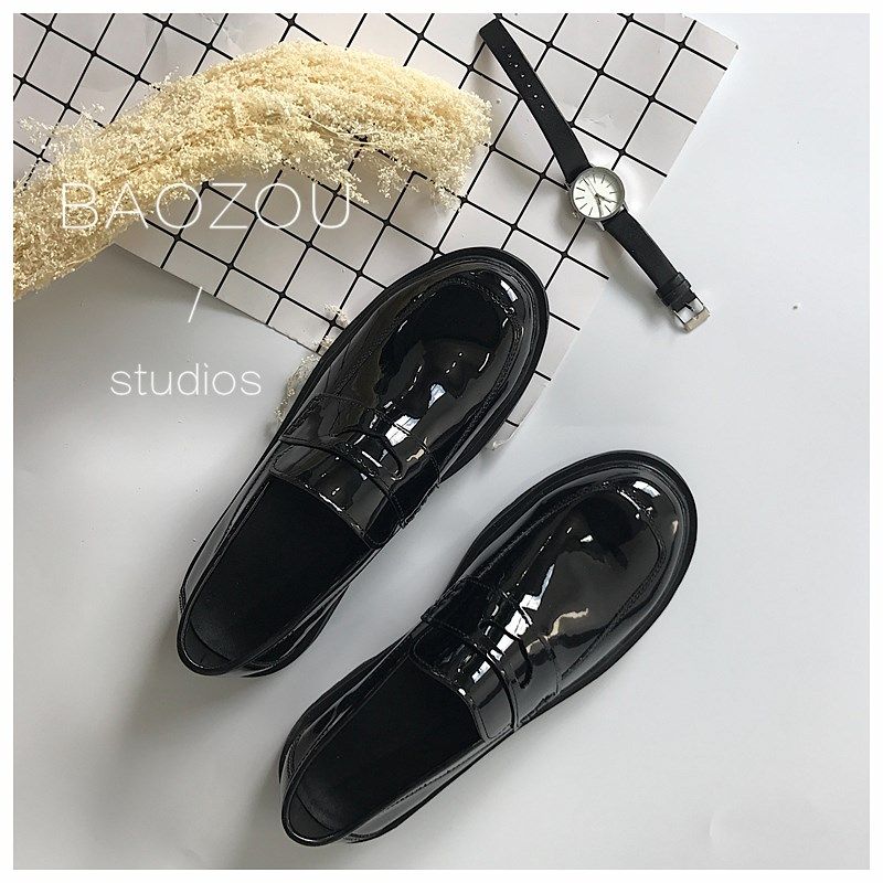 抱走推土机潮流韩版百搭漆皮亮面男女四季黑色简约套脚休闲皮鞋