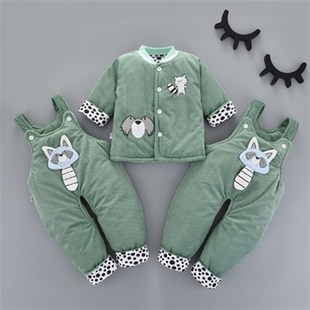 男女宝宝秋冬装婴儿棉衣袄三件套装加厚0-1岁3个月6双背带裤冬季5