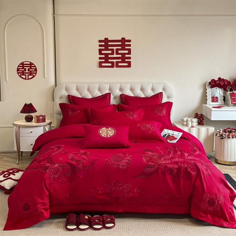 结婚四件套大红色龙凤喜庆刺绣被套全棉床单婚房陪嫁婚庆床品,床上用品,婚庆床品套件,淘宝优惠券,粉丝福利购,淘宝优惠卷
