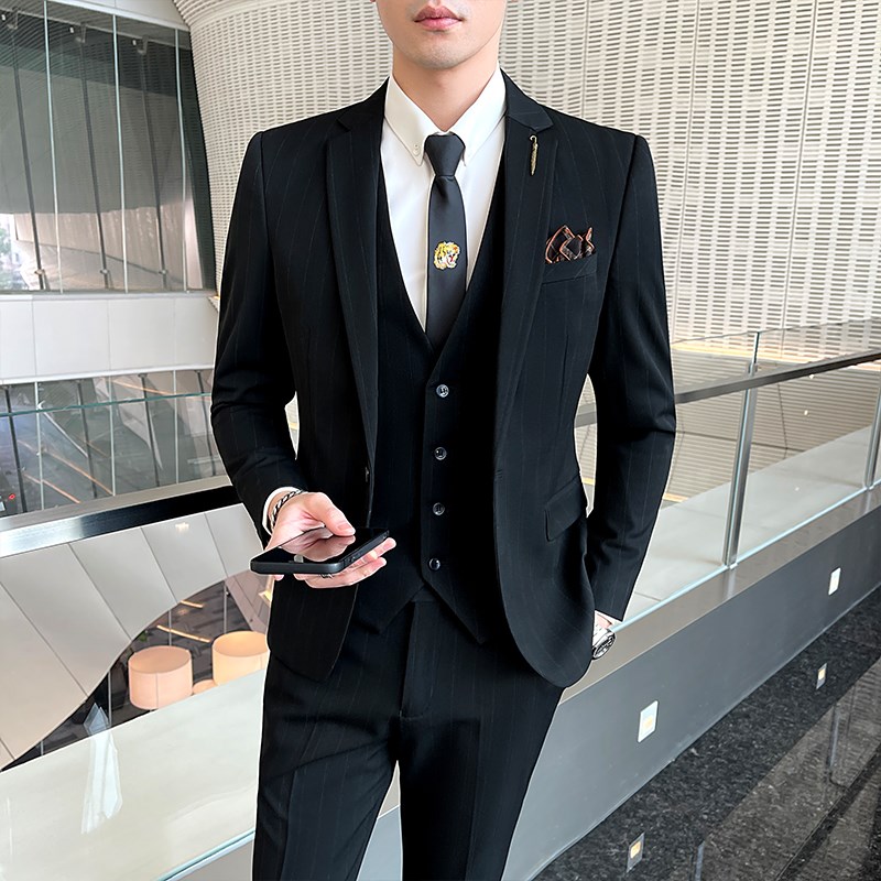 条纹西装套装男高级感p休闲商务正装帅气修身新郎结婚礼西服三件