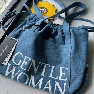 泰国gentlewoman潮牌牛仔布购物袋 I时尚抽带单肩包百搭懒慵托特