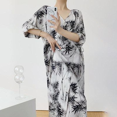 棉绸新中式睡裙女睡衣夏带薄款文艺范女学生宽松清冷感加长绵绸裙