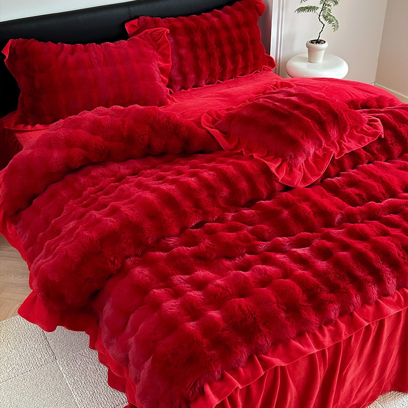 高级感兔兔绒婚庆四件套秋冬季加厚牛奶绒被套红色床裙款结婚床品