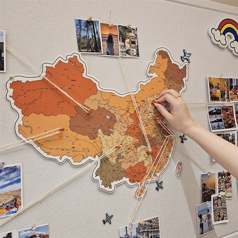 毛毡中国旅行足迹打卡地图标记照片展示墙贴客厅办公室装饰画挂画