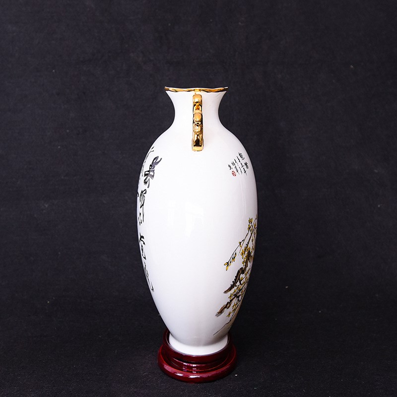 现货客厅书房陶瓷插花摆件薄胎古风雪景花瓶双耳家居饰品摆件扁鼓