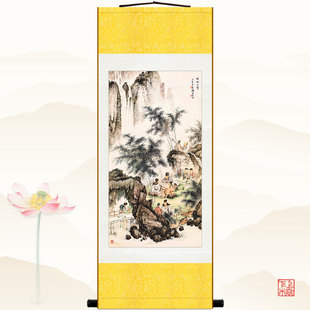 竹林七贤对弈图 名人雅士挂画 棋社书房客厅装饰画 卷轴画丝绸画