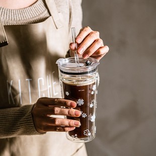 玻璃吸管杯大容量双层高硼硅喝水杯办公室耐高温咖啡奶茶饮料杯子
