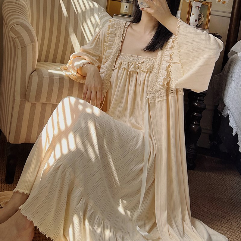 法式宫廷风蕾丝边纯棉睡衣女春季新款吊带睡裙睡袍家居服两件套秋