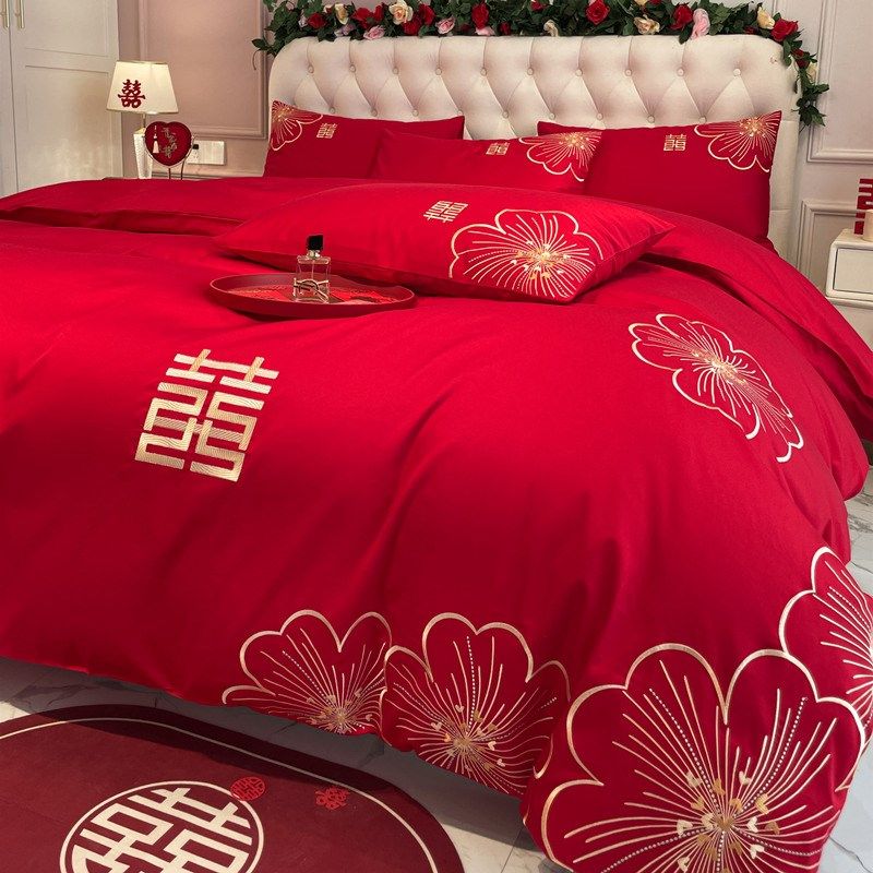 高级感中式全棉新婚庆四件套大红色喜被床单被套结婚床上用品,床上用品,婚庆床品套件,淘宝优惠券,粉丝福利购,淘宝优惠卷